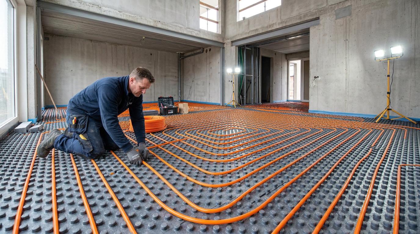 Vloerverwarming binden op noppenplaten