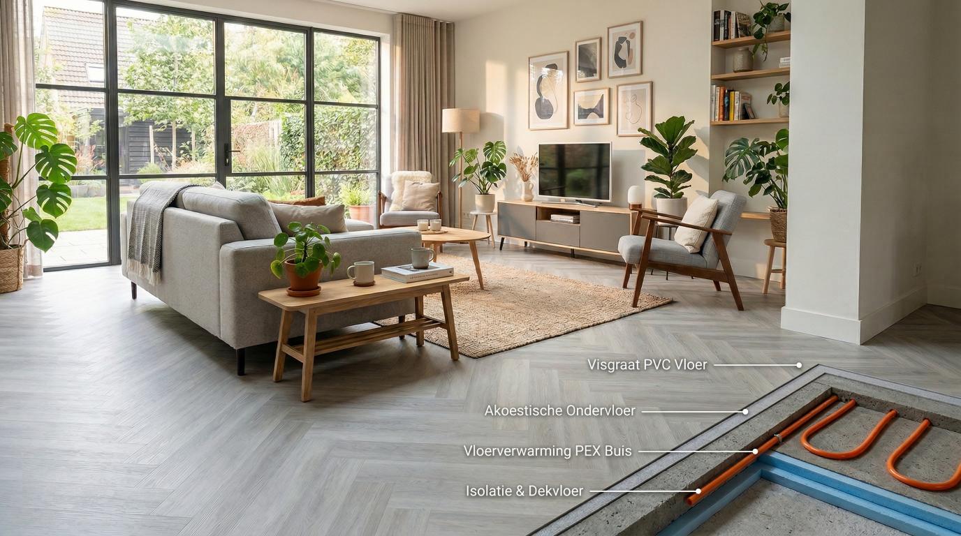 Doorsnede van een vloer met vloerverwarming onder PVC
